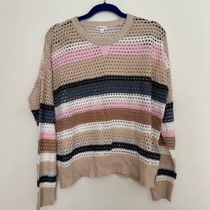 Minnie Rose cotton cashmere  plaited mesh Striped Sweater